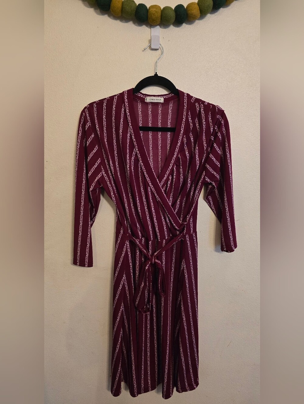 Jon & Anna Women's Striped Burgundy Wrap Tie Dress Versatile 3/4 Sleeves Size L